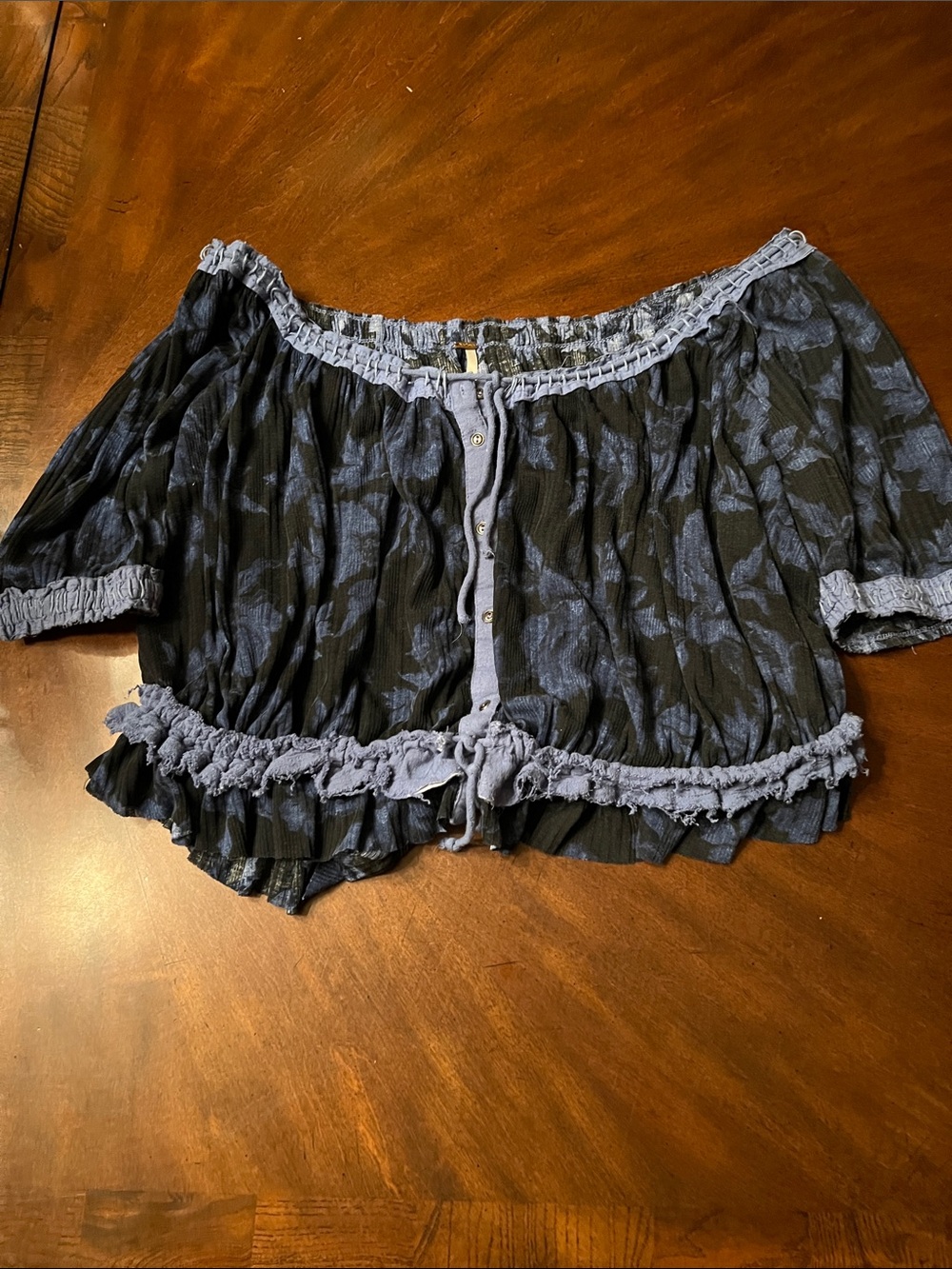 Free People Black and Slate Blue Off-Shoulder Floral Crop Top
